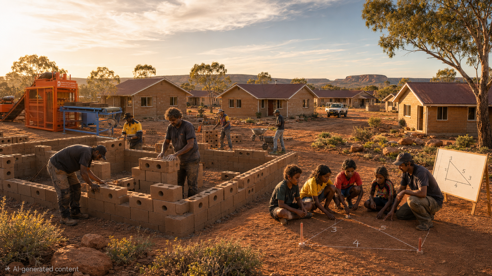 A remote Australian community building compressed earth block homes together